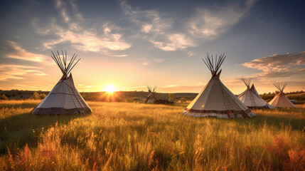 Illustration of First Nations tipis on the open prairies of North America. Generative AI.  - obrazy, fototapety, plakaty