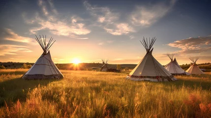 Foto op Plexiglas Illustration of First Nations tipis on the open prairies of North America. Generative AI.  © Jeff Whyte