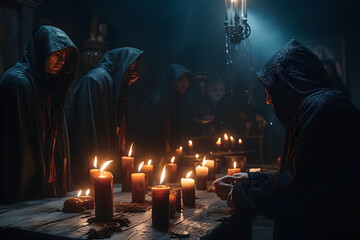Ritual of medieval priests with candles in the temple. Neural network AI generated