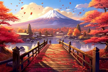 Tuinposter Illustration of Mount Fuji during autumn season. Colorful Autumn Season and Mountain Fuji. Famous landmark of Japan. © zhnger