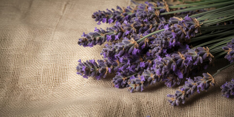 Close-up of lavender flowers on burlap, Generative AI