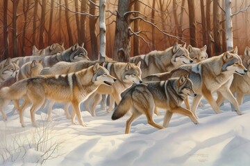 Illustration of a pack of wolves in a snowy forest in winter