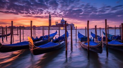 a group of gondolas lined up on the water in front of a grand palace with a beautiful sunset in the background