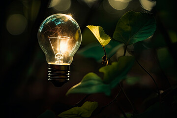 Lit light bulb in nature. Ecology and environmental protection. green energy and renewable. Sustainable resources