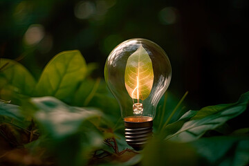 Light bulb in nature with leaf inside. Ecology and environmental protection. green energy and renewable. Sustainable resources