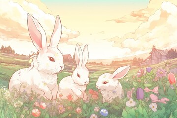 Meerkat Rabbits in the meadow, easter background with flowersfamily in the meadow. Watercolor illustration.