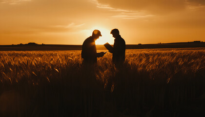 two people looking at a tablet in a field of wheat. sunset sky Generative AI