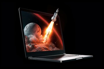 Rocket launch from laptop to the space plain background AI Generated