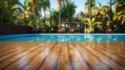 Empty wooden surface with summer travel hotel swimming pool background. Empty stage for products or text related to vacation and recreation.