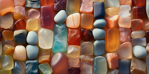 Seaglass in different colors, top down view. Summer vacations banner. AI generative
