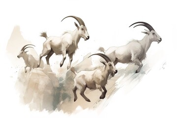 Mountain goats. Hand drawn watercolor illustration on white background.