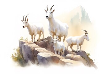 Watercolor illustration of a goat family on a rock in the mountains