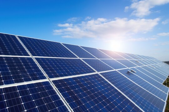 Solar panel close up with bright blue sky background AI Generated