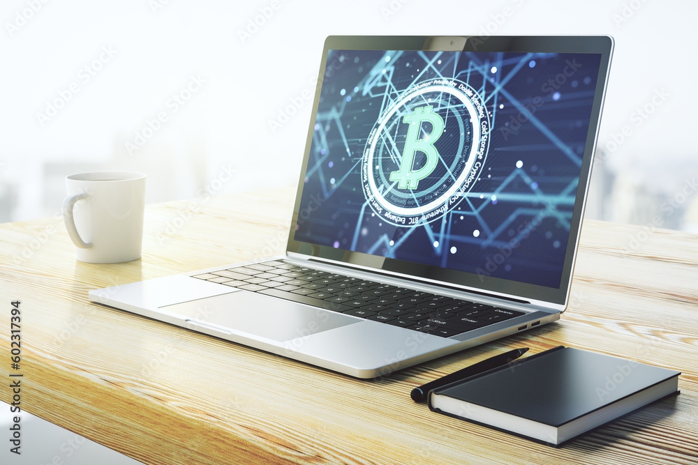 Poster creative bitcoin concept on modern computer monitor. 3d rendering