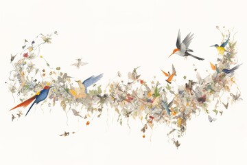 Watercolor floral border with flowers and birds isolated on white background.