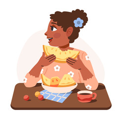 Childs nutrition. A hungry baby girl is eating a melon. Flat vector illustration 