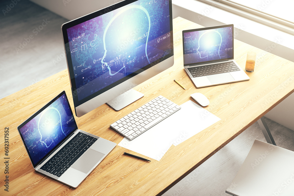 Poster creative artificial intelligence concept with human head sketch on modern computer monitor. 3d rende