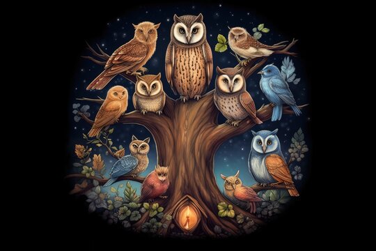 light watercolor, An enchanting illustration of a family of owls nestled in a hollow tree