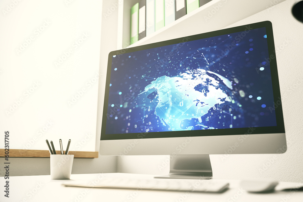 Poster Abstract creative coding concept with world map on modern laptop screen. 3D Rendering