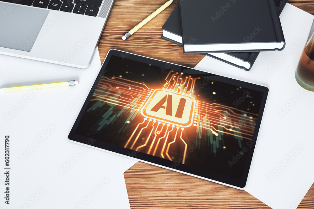 Leinwandbilder Creative artificial Intelligence symbol concept on modern digital tablet screen. Top view. 3D Rendering