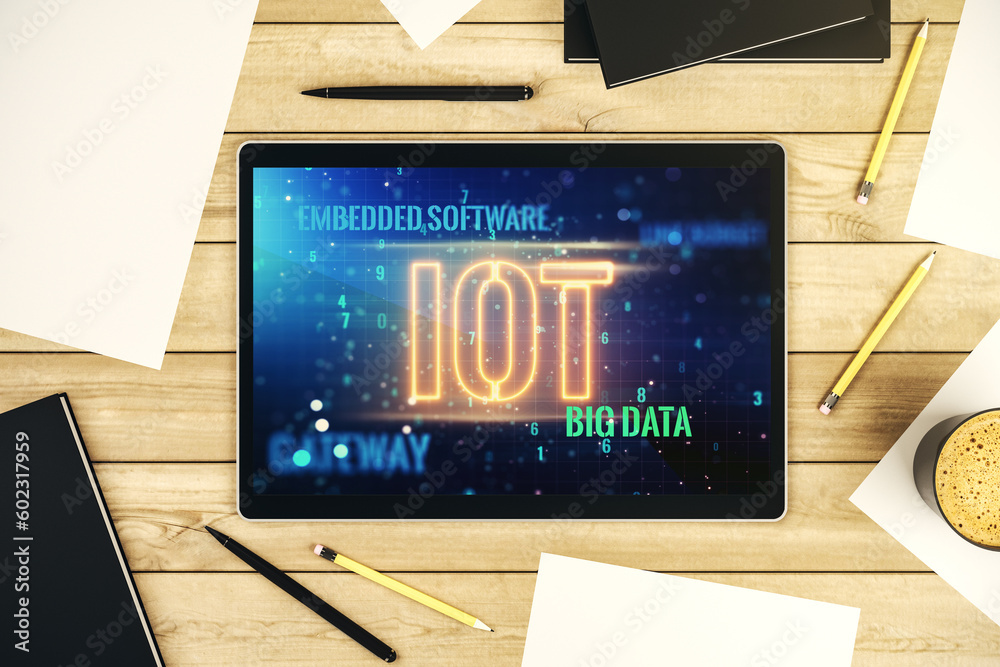 Poster creative iot hologram on modern digital tablet screen, internet of things concept. top view. 3d rend