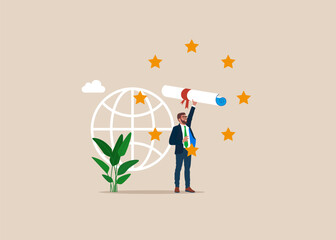 Businessman student holding diploma graduation. Receiving college or university diploma. Modern vector illustration in flat style