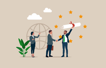 Businessman holding diploma graduation. Receiving college or university diploma. Modern vector illustration in flat style