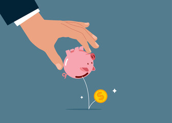 Businessman Shaking Empty Piggy Bank with No Money inside. Bankruptcy, Investment Decrease, Budget Deficit. 