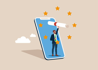 Receiving college or university diploma remotely. Businessman holding diploma graduation. Flat vector illustration