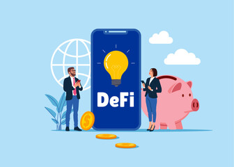 Business people with Huge smartphone and Piggy Bank and Light Bulb Work on Cryptocurrency Market via Gadgets, Blockchain. Modern vector illustration in flat style