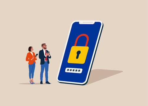 Mobile phone security, personal access, login, protection technology, password field. Modern vector illustration in flat style