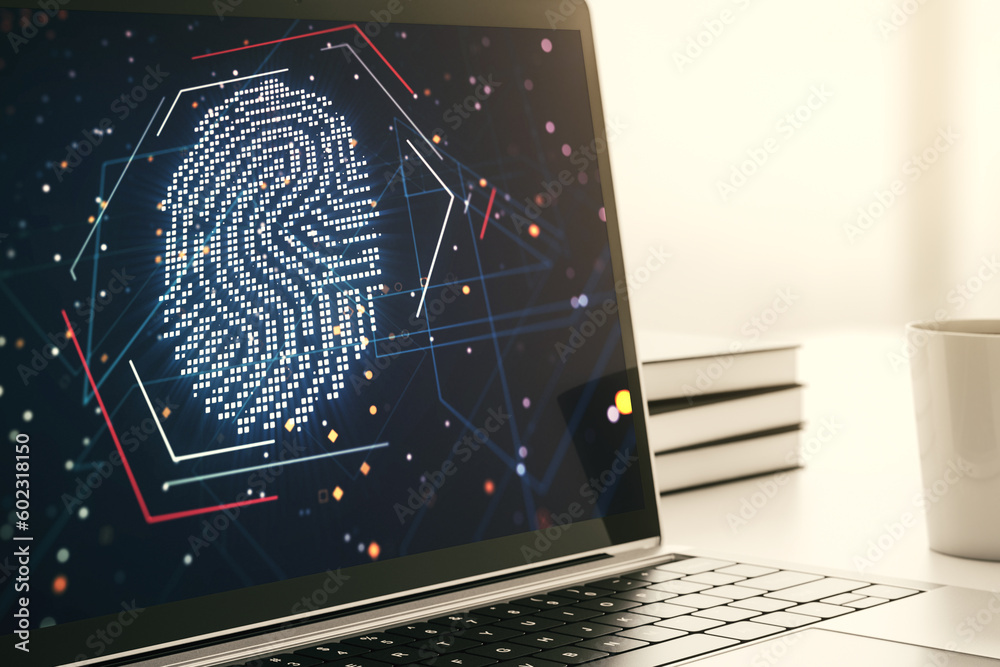 Aufkleber Computer monitor with abstract creative fingerprint illustration, personal biometric data concept. 3D Rendering