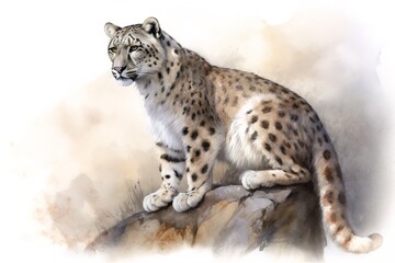 Watercolor painting of a snow leopard, Panthera uncia