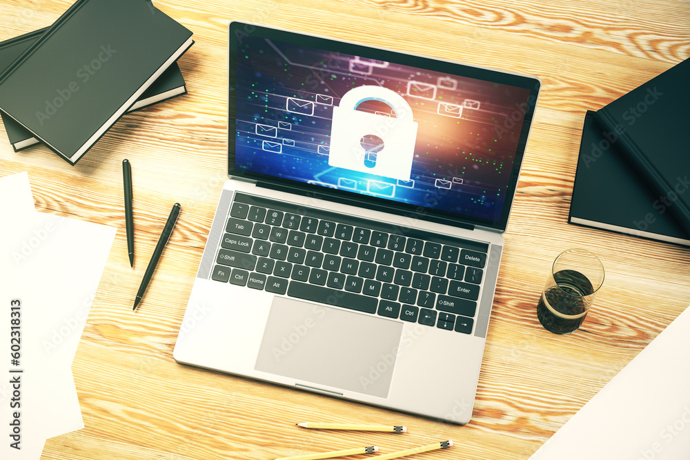 Poster Creative concept with lock symbol and postal envelopes illustration on modern laptop screen. Protection and firewall concept. 3D Rendering