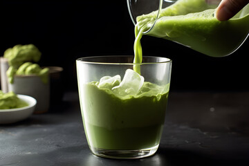 Iced Green matcha tea mixed with an ice cube and milk in a latte glass. Close up. Generative AI.