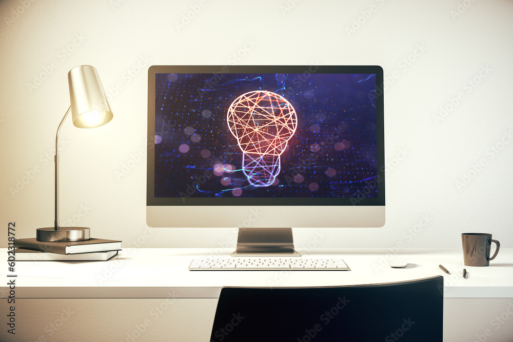 Poster creative idea concept with light bulb illustration on modern laptop screen. 3d rendering