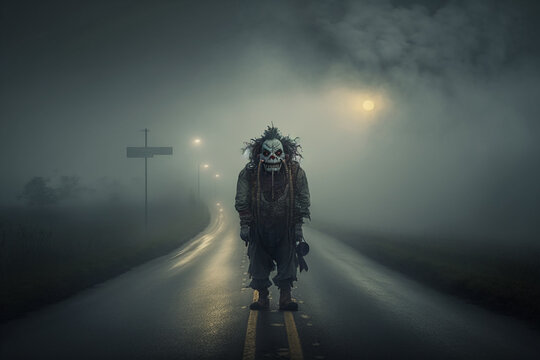 Creepy zombie clown on a foggy road, horror, dark background. Generative AI