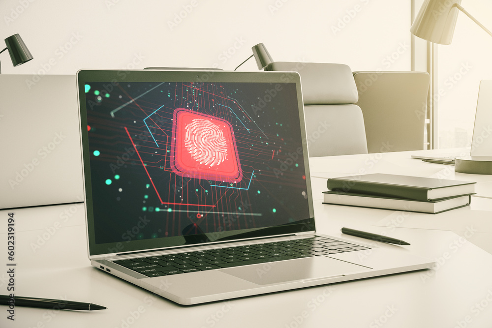 Poster Modern computer monitor with abstract creative fingerprint hologram, research and development concept. 3D Rendering