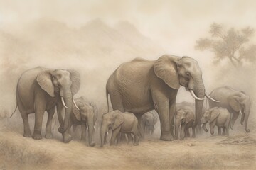 light watercolor, An evocative illustration of a group of African elephants, roaming the savanna