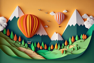 Hot air balloon over the mountains, paper craft art or origami style for baby nursery, children design.Generative ai.