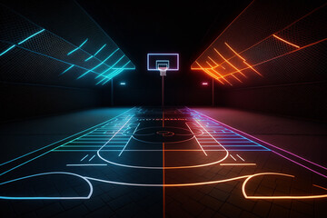 Futuristic basketball court made of neon lights. Generative ai.
