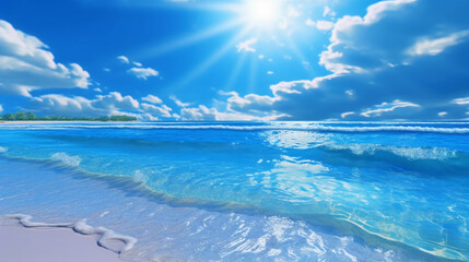 A beautiful beach with crystal blue water and white sand. AI generative