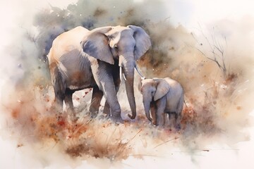 Fototapeta na wymiar Elephant family in the savannah of Africa. Watercolor painting