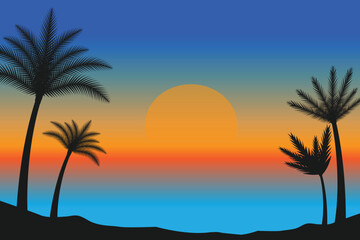 Plakat summer Sunset beach vector background, Sunset scene landscape background, tropical beach landscape illustration, Sunset beach with palm trees vector background, gradient beach scenery background 