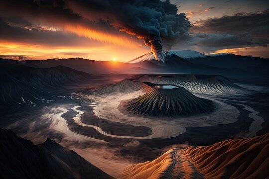 Tilt shift Mountain Bromo volcano landscape stunning picture beautiful. Generative AI AIG15.