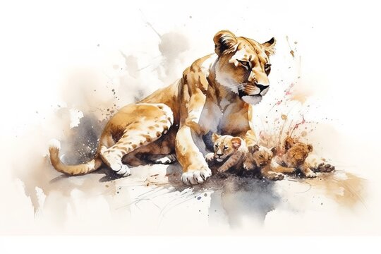 Watercolor painting of a lioness with cubs on white background