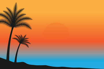 Fototapeta na wymiar summer Sunset beach vector background, Sunset scene landscape background, tropical beach landscape illustration, Sunset beach with palm trees vector background, gradient beach scenery background 