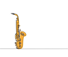 Fototapeta na wymiar Saxophone one line color art. Continuous line drawing of musical, melody, blues, saxophone, jazz, horn, music, sax, musician, trumpet, orchestra.