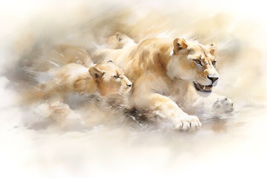 Watercolor illustration of lioness and cubs in the wild.