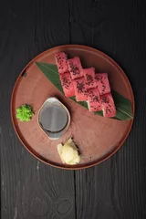 Gordijnen Large set of sushi with soy sauce and wasabi © Alernon77